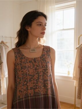 Plaid Sleeveless Tunic - Coral/Multicolour
